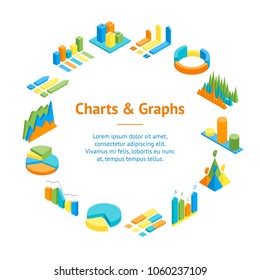 Charts and Graphs Banner Card Circle 3d Isometric View for Design Documents, Reports, Presentations or Promotion. Vector illustration of Chart and Graph
