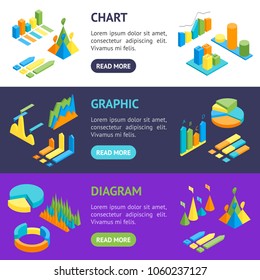 Charts and Graphs Banner Horizontal Set 3d Isometric View for Design Documents, Reports, Presentations or Promotion. Vector illustration of Chart and Graph