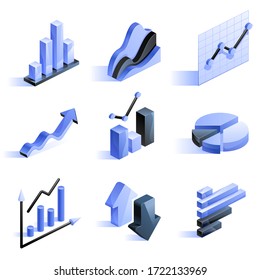 Charts graphs and diagrams Business finance vector isometric icons on white background Data finance information statistic Infographic analysis tools Elements for web presentation applications print