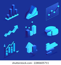 Gráficos y diagramas de finanzas empresariales vectores iconos isométricos sobre fondo azul Información financiera estadística Herramientas de análisis infográfico Elementos para aplicaciones de presentación web imprimir