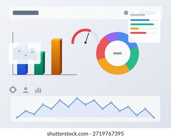 Los gráficos se muestran en una pantalla digital para representar datos y estadísticas. El diseño incluye un velocímetro y segmentos codificados por colores para facilitar la comprensión.