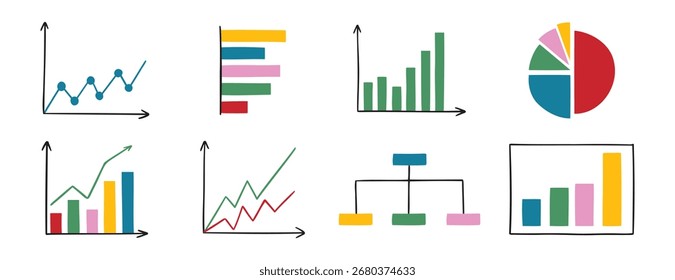 charts and graphs doodle hand drawn icon set. Different types of charts for business presentation. data and analytics diagram cartoon concept drawing. Vector illustration