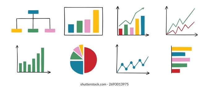 Gráficos y gráficos Doodle dibujado a mano conjunto de iconos. Diferentes tipos de gráficos para la presentación de negocios. Dibujo de conceptos de dibujos animados de diagramas de datos y análisis. Ilustración vectorial