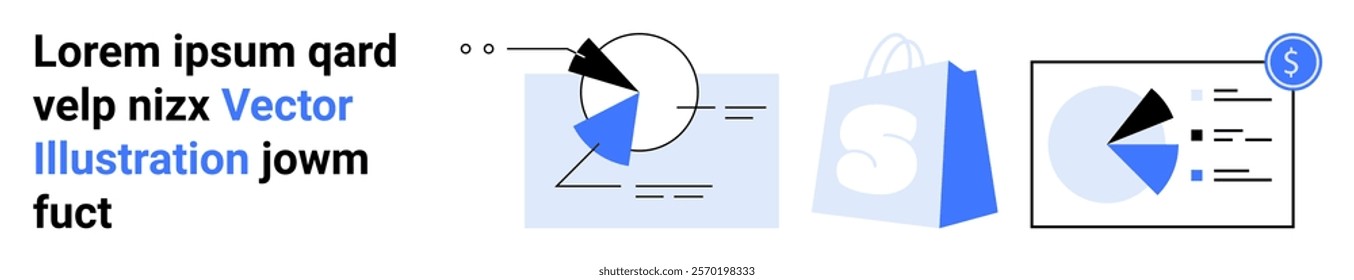 Charts and graphs with eight points, a shopping bag with two pages, and a final chart on analytics with currency. Ideal for analytics, business, e-commerce, statistics, reports.Landing page