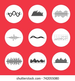 Charts, graphs and equalizer interface icons on set of nine pictures with bars, lines, waves and grids. Vector illustration with icons isolated on bright red