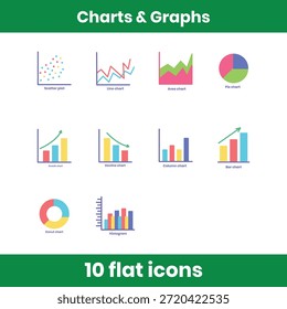 Conjunto de iconos planos de gráficos y gráficos con gráficos de barra, línea, circular, área, columna, dispersión y crecimiento. Diseño plano y limpio para análisis, paneles, informes y uso comercial.