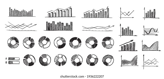 Charts and graphs icons, Set hand drawn . Vector	