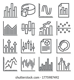 Charts and Graphs Icons Set on White Background. Line Style Vector