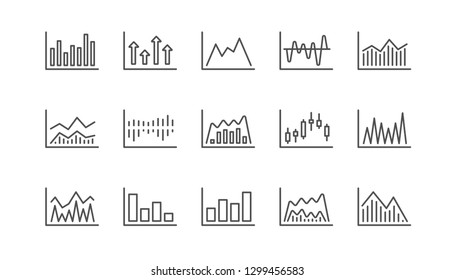 Charts and graphs line icons. Candlestick graph, Infochart and Report diagram. Presentation linear icon set.  Vector