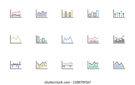 Charts and graphs line icons. Candlestick graph, Infochart and Report diagram. Presentation linear icon set. Bicolor outline web elements. Vector