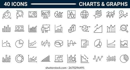 Conjunto de ícones de linha Gráficos e Gráficos. Pictogramas e infográficos para aplicativos móveis e web. traço editável. vetor completo.