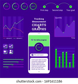 Gráficos y gráficos para aplicaciones móviles y de escritorio. Elementos UX de UI. Tema oscuro.