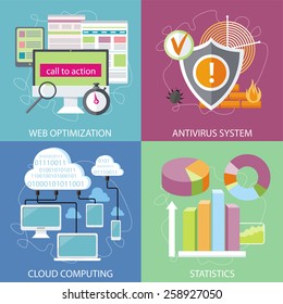 Charts graphs and parameters. Statistic business analytics. Shield antivirus. Antivirus system. Cloud services concept. SEO optimization, programming process and web analytics elements in flat design 