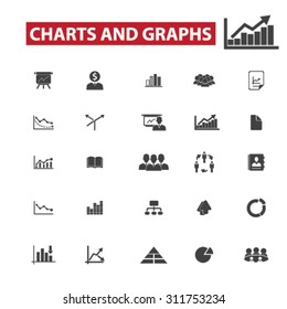 charts, graphs, presentation black isolated concept icons, illustrations set. Flat design vector for web, infographics, apps, mobile phone servces