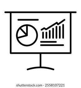 Charts and graphs presentation slide round line vector icon with editable stroke, representing data visualization, business presentations, statistical analysis, and reporting