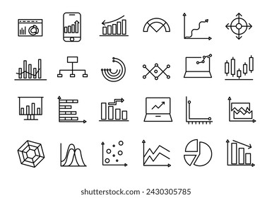 Charts and graphs related vector icons for your design. Graphics and statistics icons set.