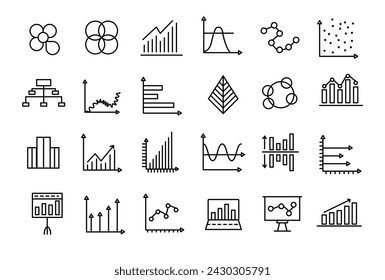 Gráficos e iconos relacionados con vectores para su diseño. Conjunto de iconos de gráficos y estadísticas.