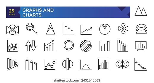 Charts and graphs related vector icons for your design. Graphics and statistics icons set. Collection of simple linear web icons, line charts