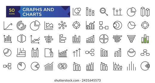 Gráficos e iconos relacionados con vectores para su diseño. Conjunto de iconos de gráficos y estadísticas. Colección de iconos web lineales simples, gráficos de líneas