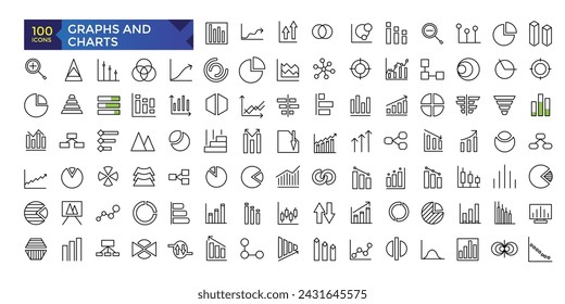 Charts and graphs related vector icons for your design. Graphics and statistics icons set. Collection of simple linear web icons, line charts