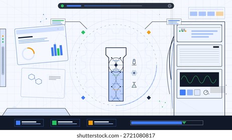 Gráficos são mostrados em uma tela em um espaço de trabalho científico. Os usuários analisam dados em seus computadores para coletar percepções e informações para pesquisas ou projetos.