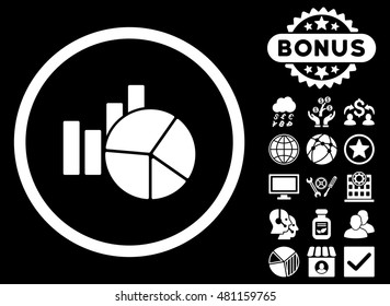 Charts icon with bonus. Vector illustration style is flat iconic symbols, white color, black background.
