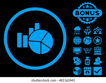 Charts icon with bonus. Vector illustration style is flat iconic symbols, blue color, black background.