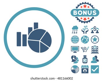 Charts icon with bonus. Vector illustration style is flat iconic bicolor symbols, cyan and blue colors, white background.
