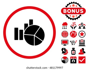 Charts icon with bonus. Vector illustration style is flat iconic bicolor symbols, intensive red and black colors, white background.