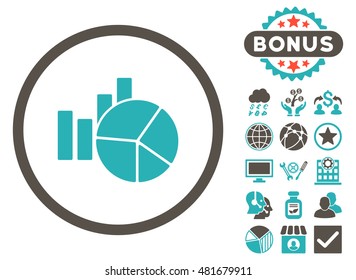 Charts icon with bonus. Vector illustration style is flat iconic bicolor symbols, grey and cyan colors, white background.
