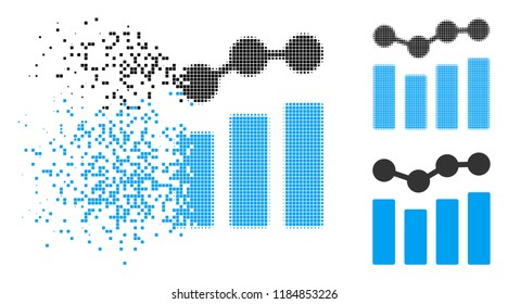 Charts icon in dissolved, dotted halftone and whole versions. Pixels are organized into vector disappearing charts icon. Disappearing effect uses square scintillas.