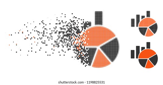 Charts icon in dissolved, pixelated halftone and undamaged entire versions. Elements are combined into vector disappearing charts pictogram. Disappearing effect uses square particles.