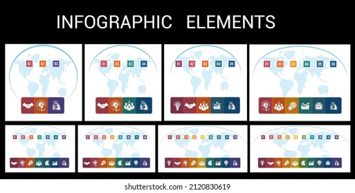Charts infographic template step by step Colour squares with columns for the text on world map