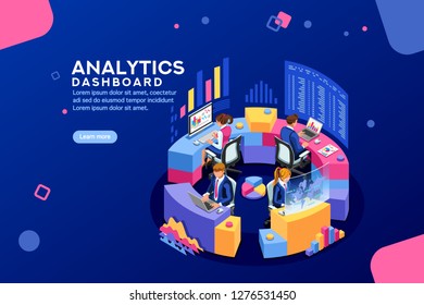 Charts key server statistic, performance indicators concept. Analyst on management process. analytics dashboard. Virtual screen showing sales concept. Characters on flat isometric Vector illustration.