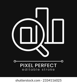 Charts and loupe pixel perfect white linear icon for dark theme. Business processes analytics. Statistics. Thin line illustration. Isolated symbol for night mode. Editable stroke. Poppins font used