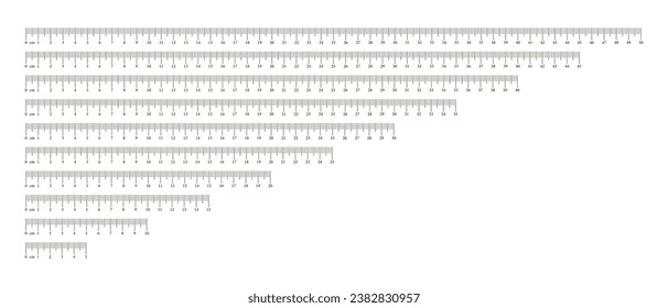 Charts measuring collection. 5, 10, 15, 20, 25, 35, 40, 45, 50 centimeters. Length measurement math, distance, height, sewing tool. Set templates rulers scale with numbers. Vector outline illustration