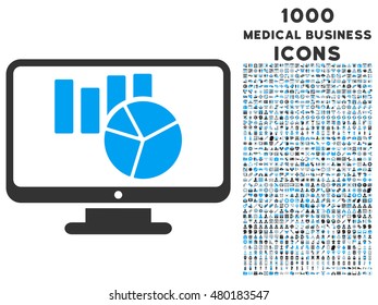 Charts Monitoring vector bicolor icon with 1000 medical business icons. Set style is flat pictograms, blue and gray colors, white background.