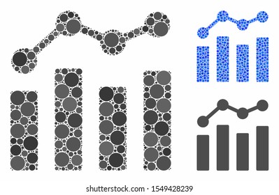 Charts mosaic of small circles in various sizes and color tinges, based on charts icon. Vector small circles are composed into blue mosaic. Dotted charts icon in usual and blue versions.