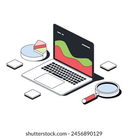 Charts on a laptop screen, analytics magnifying glass, pie chart. Vector 3d line isometric, color web icons, new flat style. Creative design idea for infographics.