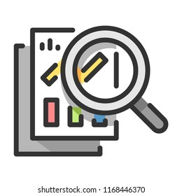 Charts on paper with magnifying glass vector illustration in line color design