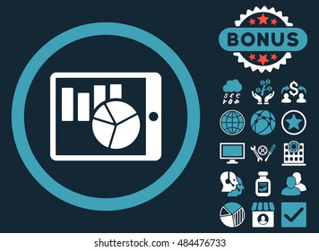 Charts on Pda icon with bonus pictogram. Vector illustration style is flat iconic bicolor symbols, blue and white colors, dark blue background.