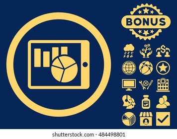 Charts on Pda icon with bonus images. Vector illustration style is flat iconic symbols, yellow color, blue background.