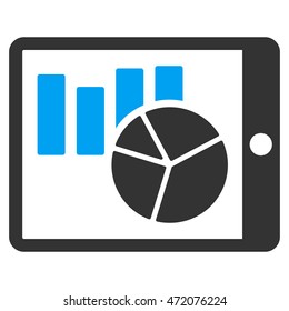 Charts on Pda icon. Vector style is bicolor flat iconic symbol with rounded angles, blue and gray colors, white background.