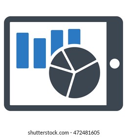 Charts on Pda icon. Vector style is bicolor flat iconic symbol with rounded angles, smooth blue colors, white background.