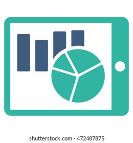 Charts on Pda icon. Vector style is bicolor flat iconic symbol with rounded angles, cobalt and cyan colors, white background.