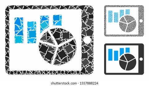 Charts on PDA mosaic of humpy parts in variable sizes and color tones, based on charts on PDA icon. Vector tremulant parts are grouped into mosaic. Charts on PDA icons collage with dotted pattern.