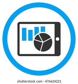 Charts on Pda rounded icon. Vector illustration style is flat iconic bicolor symbol, blue and gray colors, white background.