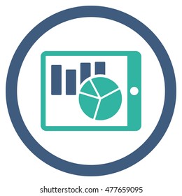 Charts on Pda rounded icon. Vector illustration style is flat iconic bicolor symbol, cobalt and cyan colors, white background.