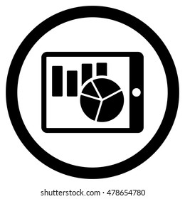 Charts on Pda rounded icon. Vector illustration style is flat iconic symbol, black color, white background.