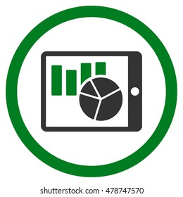 Charts on Pda rounded icon. Vector illustration style is flat iconic bicolor symbol, green and gray colors, white background.